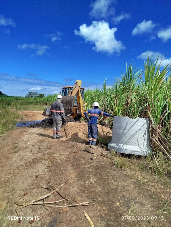 Equipe trabalhando na implantação de estrutura de rede na Usina Monte Alegre