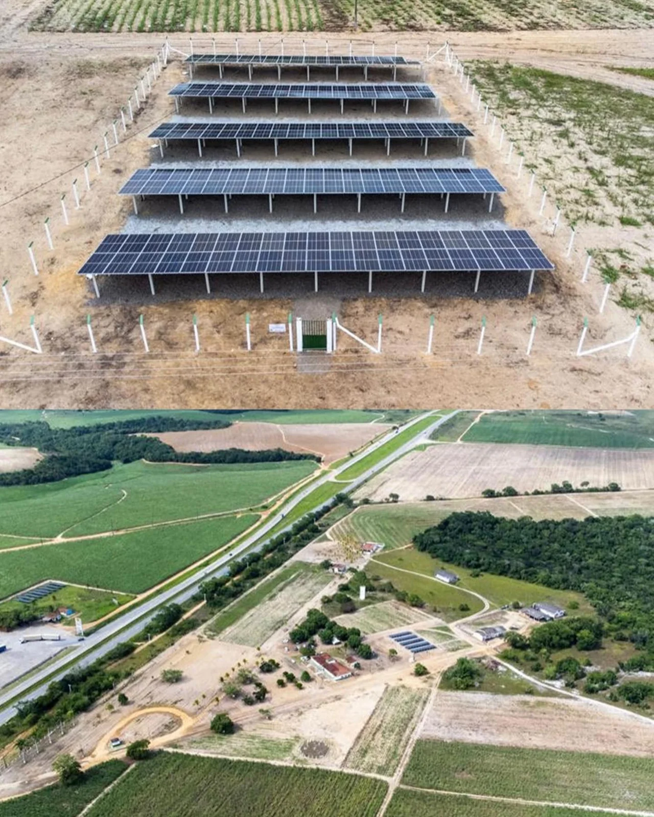 Duas vistas aéreas do sistema solar de 94,35 kWp realizado para a ASPLAN